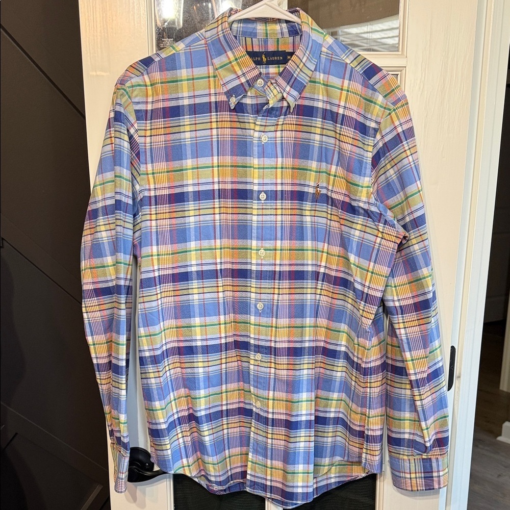 RALPH LAUREN Blue & Yellow Plaid 100% Cotton Button Down Shirt Size Medium
